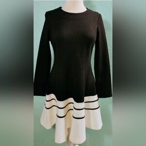 Unbranded Long Sleeve Black White A Line  Dress Sz L ?w Faux Leather Trim